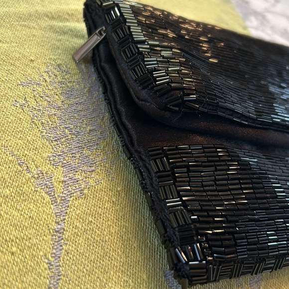 Sondra Roberts Black Bugle Beaded Fold Over Clutch Evening Bag